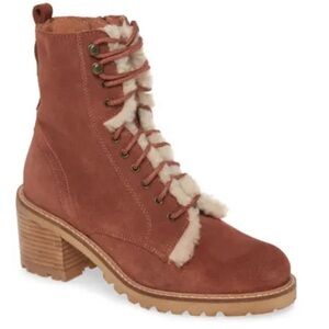 NWOT Seychelles Irresistible Faux Shearling Combat Boot in brown suede